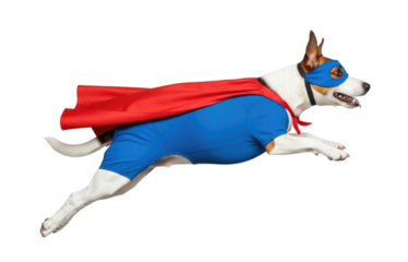 Superhero dog leaping in a blue costume with a red cape on a transparent background, cutout PNG