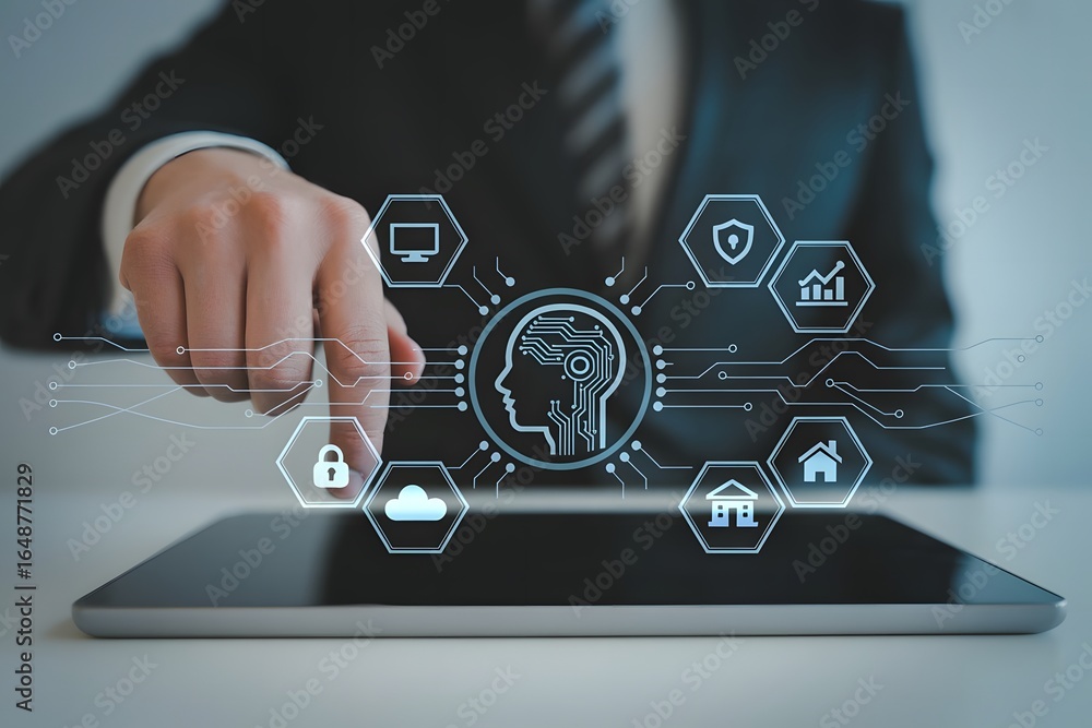 Poster businessman interacting with artificial intelligence interface on tablet featuring security cloud ho