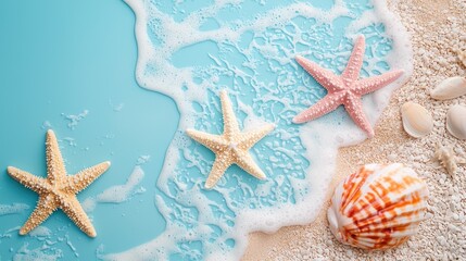 Three starfish and seashells on a sandy beach with a blue ocean wave.
