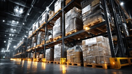 Warehouse Shelves Filled with Cardboard Boxes on Pallets, Logistics Concept