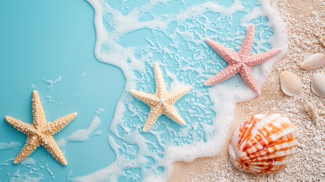 Three starfish and seashells on a sandy beach with a blue ocean wave. - Powered by Adobe