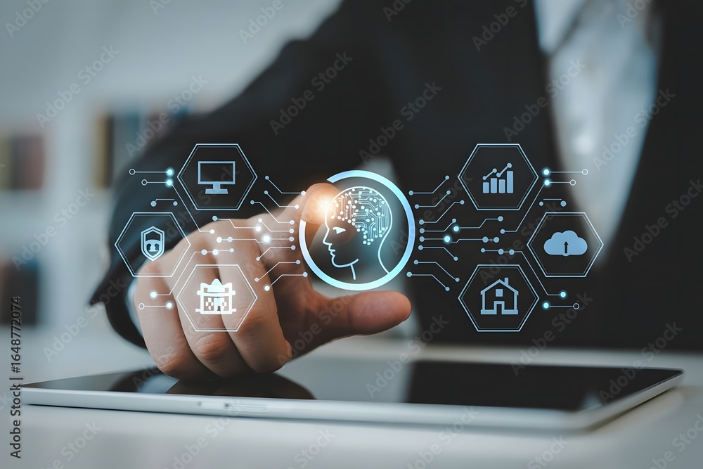Poster businessman using artificial intelligence interface on tablet highlighting smart technology and conn