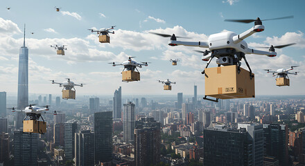 A fleet of autonomous delivery drones carrying cardboard packages soars over a modern city skyline.