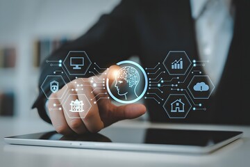 Businessman Using Artificial Intelligence Interface on Tablet Highlighting Smart Technology and Connectivity for Business Applications and Innovative Solutions in the Digital Age Modern Technology
