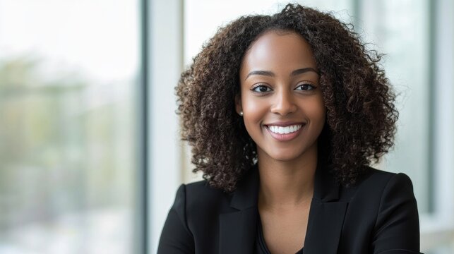 A confident, young, African American businesswoman with curly hair, wearing a black blazer, smiling warmly in an office setting.