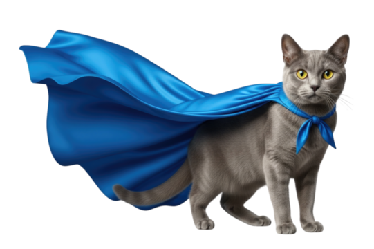 Gray cat wearing a blue superhero cape standing confidently on a white background, transparent background, cutout PNG - Powered by Adobe