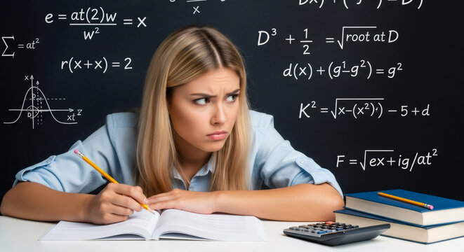 Serious young girl is focused on her math studies at desk, surrounded by textbooks and calculator, with mathematical equations on blackboard, capturing the essence of back-to-school preparations