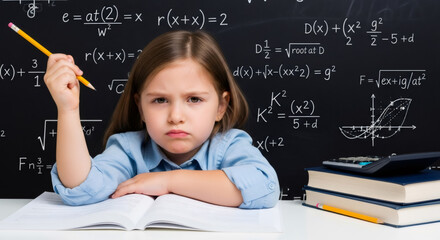 Serious young girl is focused on her math studies at desk, surrounded by textbooks and calculator, with mathematical equations on blackboard, capturing the essence of back-to-school preparations	