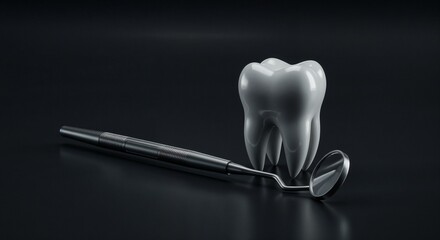 Dental tools with model tooth on dark background  