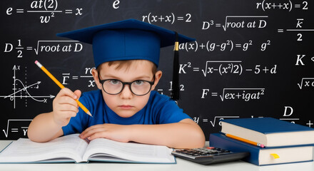 Serious young boy is focused on her math studies at desk, surrounded by textbooks and calculator, with mathematical equations on blackboard, capturing the essence of back-to-school preparations