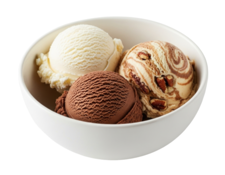 Three delicious ice cream scoops in a white bowl on a transparent background, cutout PNG