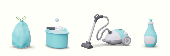 Collection of 3D icons for site, cleaning business application. Tied garbage bag, bucket with soap foam, vacuum cleaner, bottle of liquid detergent with empty label. Isolated models