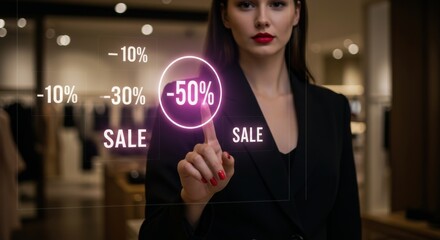 Woman finger touching virtual screen with glowing digital offer. Female consumer selecting sale discount at shopping mall. Business retail concept.