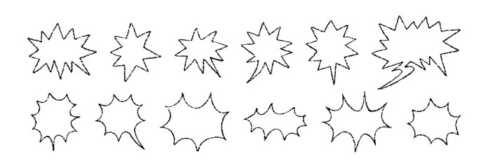 Speech Bubble Comic Cartoon Hand Drawn Explosion Burst Set. Explosion Sketch and Starburst Shapes Vector Illustration.