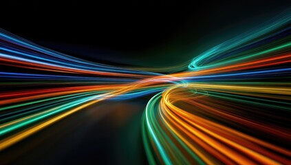 Abstract swirling light trails in vibrant colors against a dark background