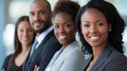 A diverse group of business professionals standing in a row, smiling and looking confident.