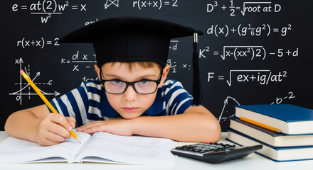 Serious young boy is focused on her math studies at desk, surrounded by textbooks and calculator, with mathematical equations on blackboard, capturing the essence of back-to-school preparations	