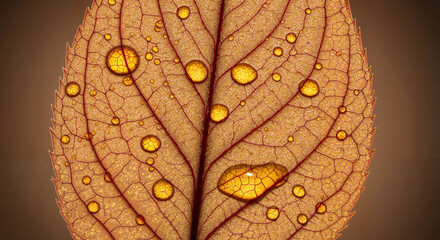 Close-up of brown leaf with water droplets on textured surface  