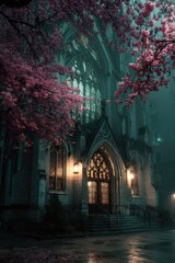 Obraz premium Ethereal Building with Blooming Trees