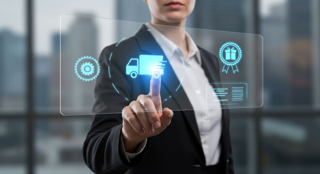 Woman touching virtual screen for online delivery. Concept of logistics, global shipping and e-commerce business. Digital interface for modern transportation.