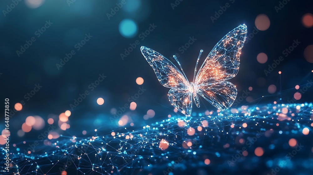 Poster digital butterfly illustration representing data transformation and innovation concept with glowing 