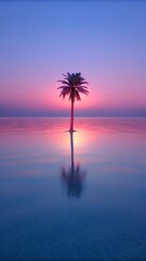Solitary palm tree reflected in calm water at sunset