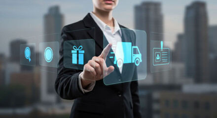 Woman touching truck icon on virtual screen. Logistic manager using delivery service. Digital freight transportation concept for global shipping.