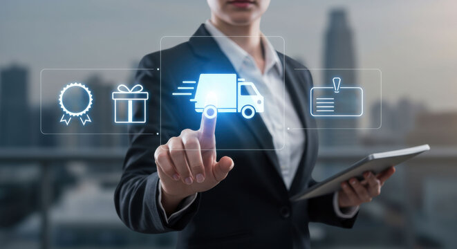 Woman touching glowing digital truck icon on virtual screen, signifying fast delivery concept for online shopping and logistics business.