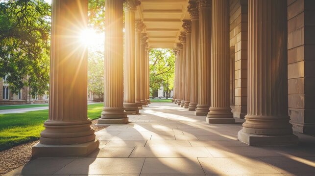 A grand, classical architectural column with a sunburst effect in the background.