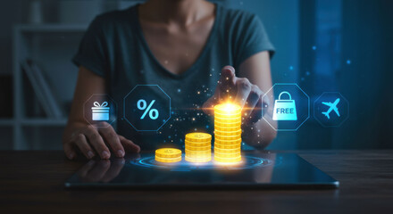 Woman touching virtual coins with shopping and travel icons above a digital tablet. E-commerce concept with loyalty program benefits.