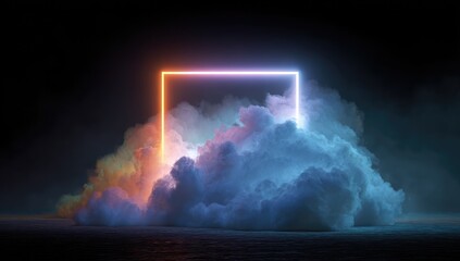 Neon square frame, floating in a cloud of smoke