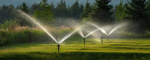 A lush green course with sprinklers watering the grass under a cloudy sky during daytime