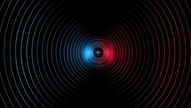 Concentric circles with glowing, vibrant blue and red accents create a dynamic, futuristic tunnel effect