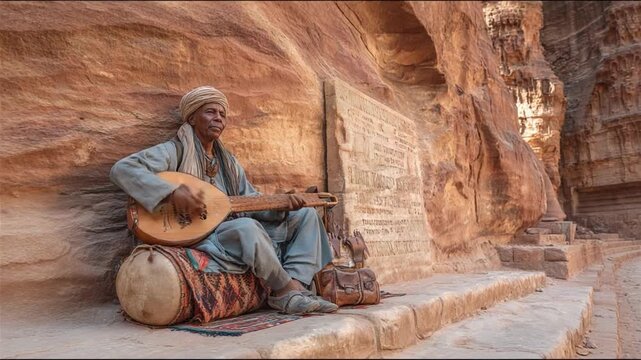 Enchanting Melodies in Petra: A local musician sits in a breathtaking sandstone carving, playing traditional music on a lute, creating an evocative atmosphere of ancient history and cultural richness.