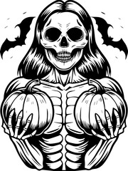 Fototapeta premium SVG of a Halloween-themed Grim Reaper wearing a hooded cloak. Skeleton Woman Holding Pumpkins in Spooky Halloween Scene