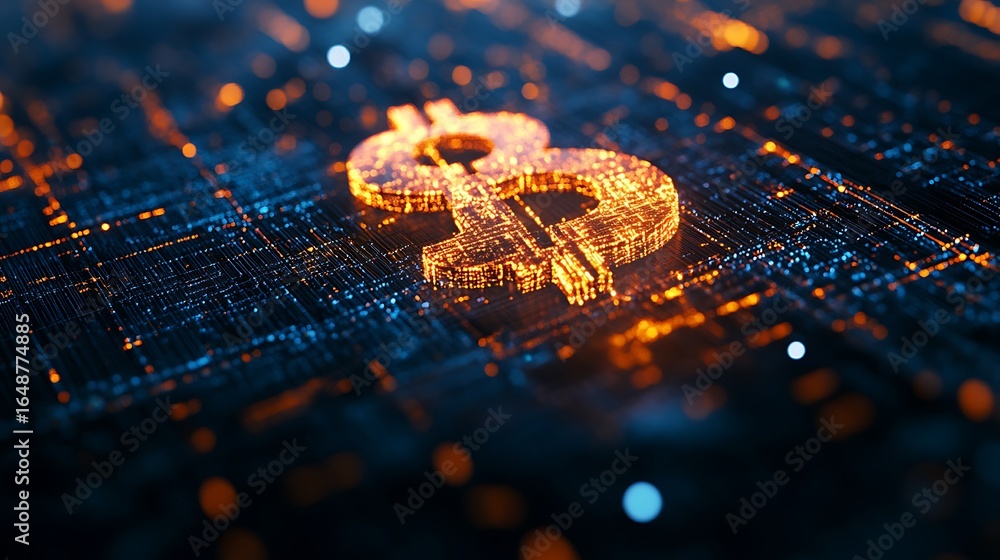 Fototapete digital rendering of the bitcoin symbol glowing on a microchip circuit board photo