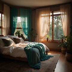 Bedroom with White Bedding, Teal Curtains, and Wooden Flooring