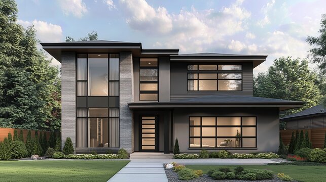 Modern two-story house design with large windows and grey exterior. Appealing landscaping.