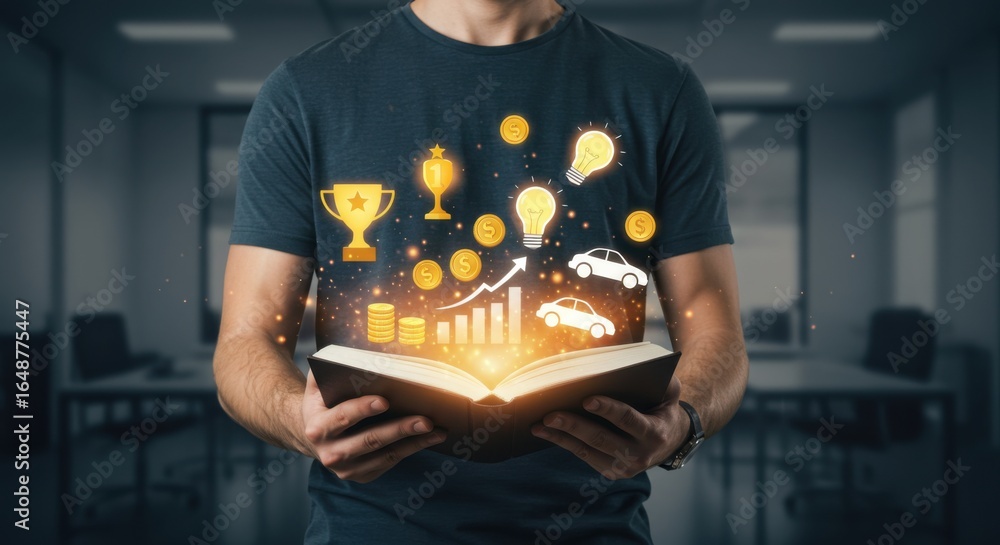 Poster man holding an open book with glowing light and icons of success, symbolizing knowledge leading to a
