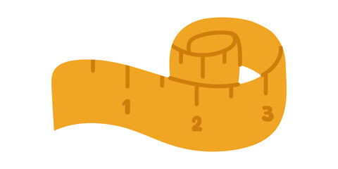 Vector measuring tape illustration in flat style. Sewing and tailoring tool element for dressmaking, knitting, and DIY projects. Craft equipment object. Yellow tape measure clipart.