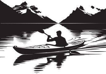 Kayaker paddles across serene lake with mountain backdrop