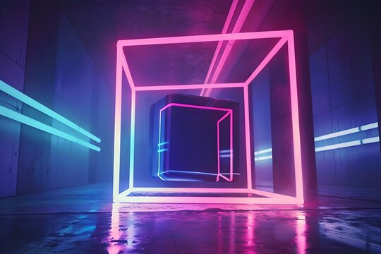 Immersive neon cube installation glows with vibrant pink and blue light in a futuristic, atmospheric urban tunnel setting