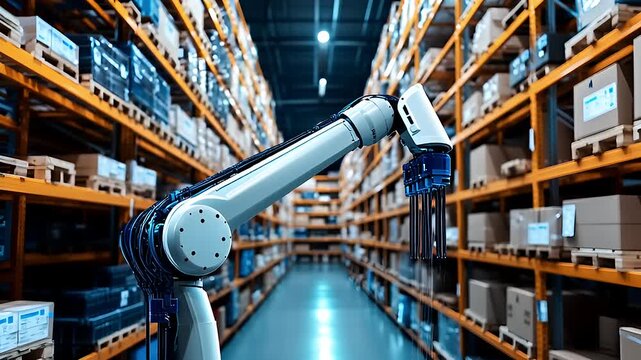 Robotic arm in a warehouse efficiently handling packages amidst organized shelves of boxes