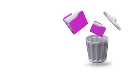 Open metal trash can, bright folders with documents. Vector composition in realistic style on white background. Advertising software for data destruction, memory cleaning