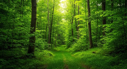 Obraz premium Green forest path sunlight trees foliage