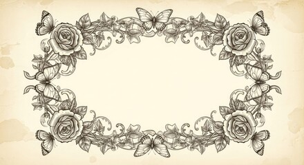 Vintage Victorian floral border with butterflies in sepia.