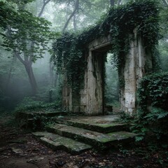 Overgrown Structure in Forest Mist