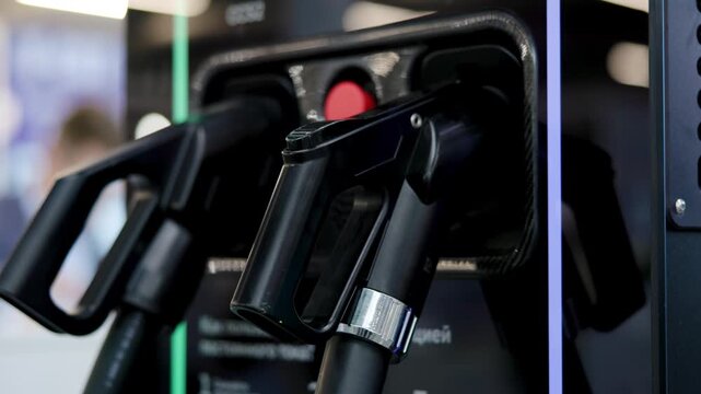 Hand grabbing electric vehicle charger at station. Media