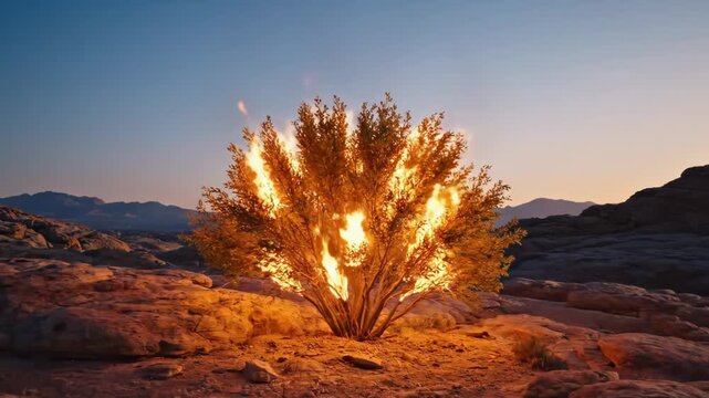 Burning Bush in Desert Landscape at Sunset - A bush engulfed in flames stands in a rocky desert landscape as the sun sets, creating a dramatic and evocative scene.