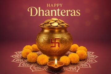 Pot with gold coins and marigold flowers for dhanteras celebration.